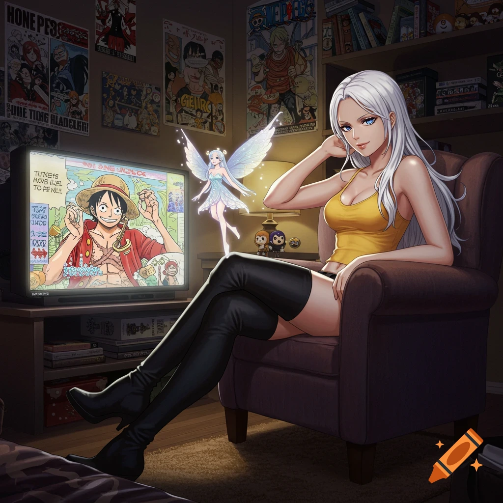An anime-style woman with white hair and blue eyes, wearing a yellow tank top and black thigh-high boots, sits in a chair watching a TV showing One Piece's Luffy, with a glowing fairy floating nearby.