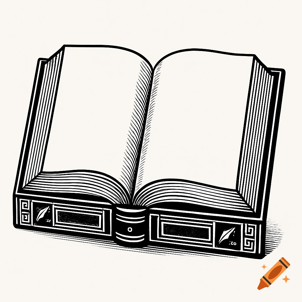 A black and white vector illustration of an open book with blank pages and decorative elements on its cover.