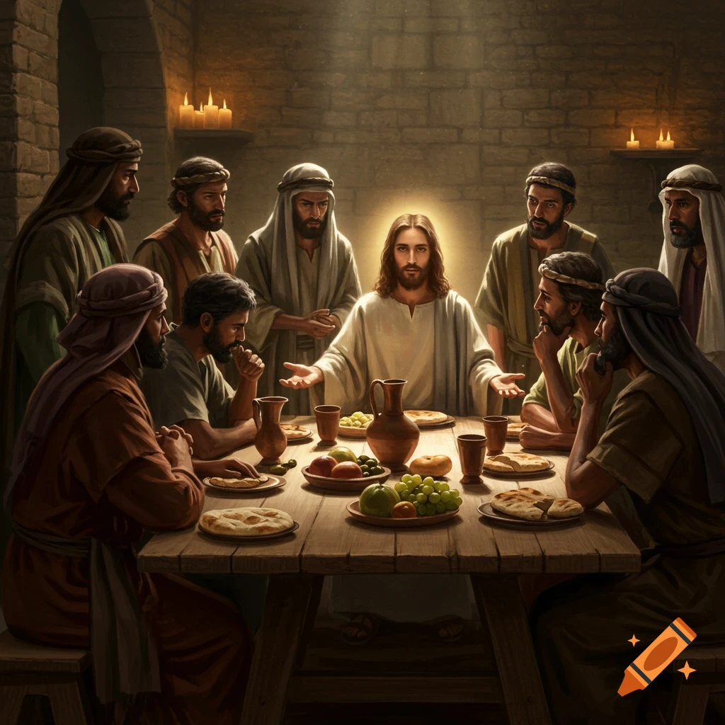 Jesus and his disciples gathered around a wooden table for the Last Supper, bathed in soft light in a stone room.
