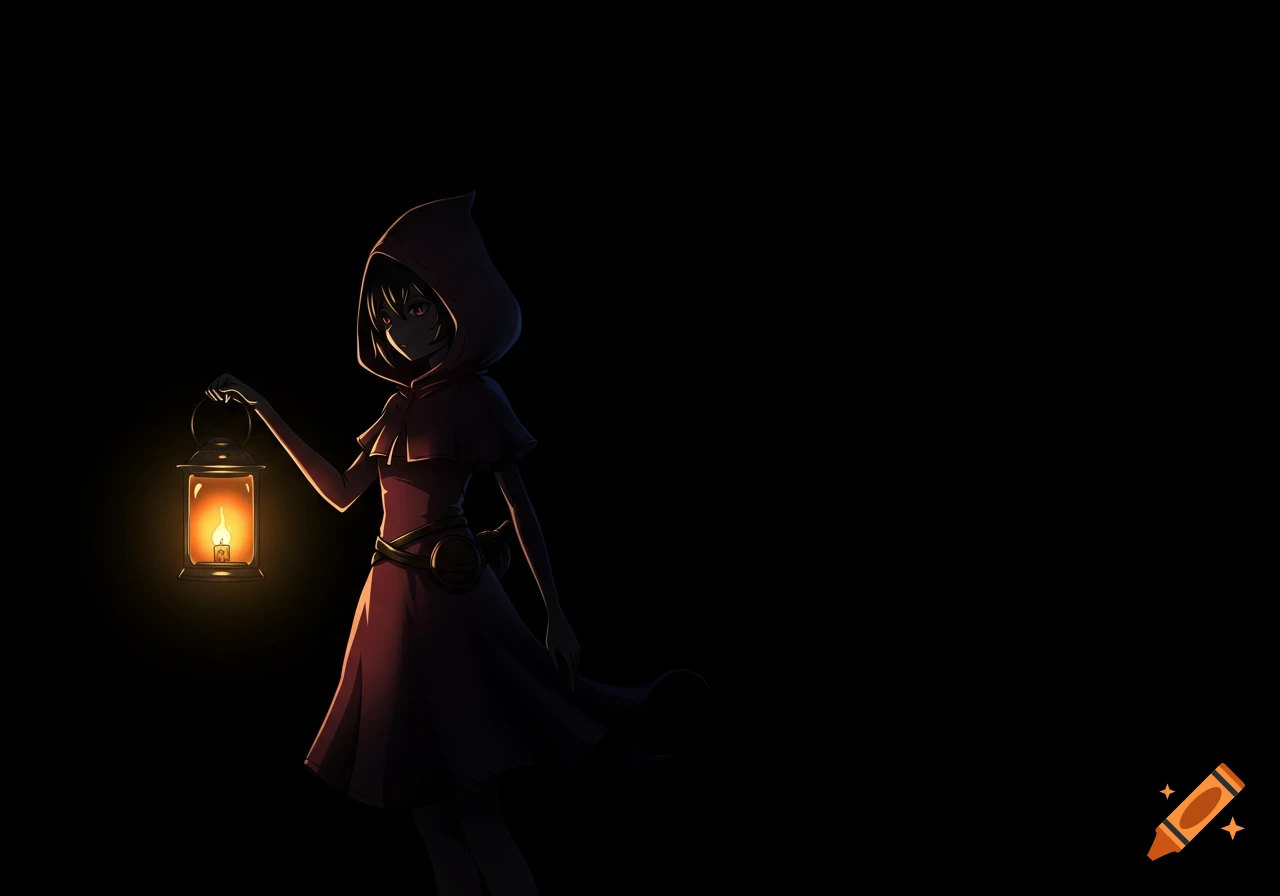 Anime girl in a red hooded cloak holds a glowing lantern in a dark, mystical setting.