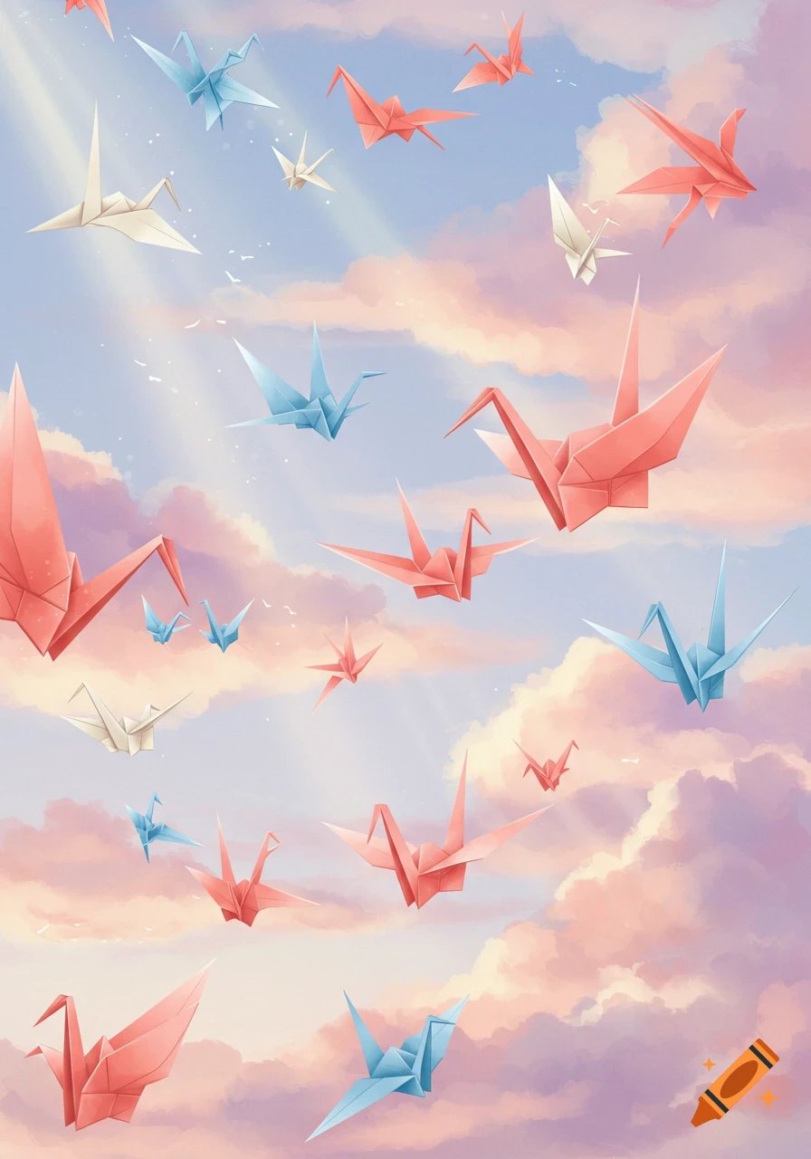 Numerous pink, blue, and white origami cranes flying in a pastel-colored sky with clouds and sun rays, illustrated style.