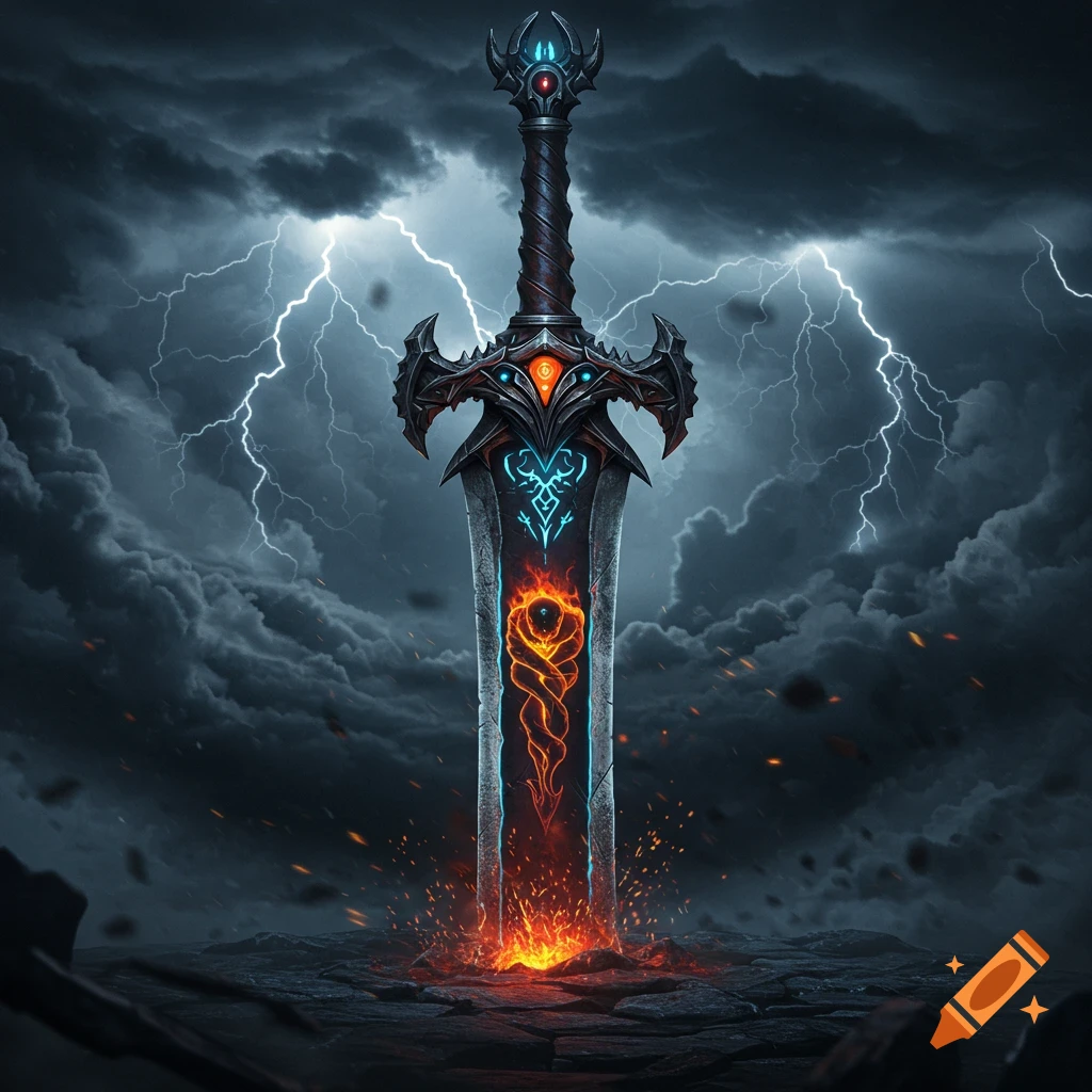 A dark fantasy image of an ornate, glowing sword stuck in rocky ground, under a stormy sky with lightning.