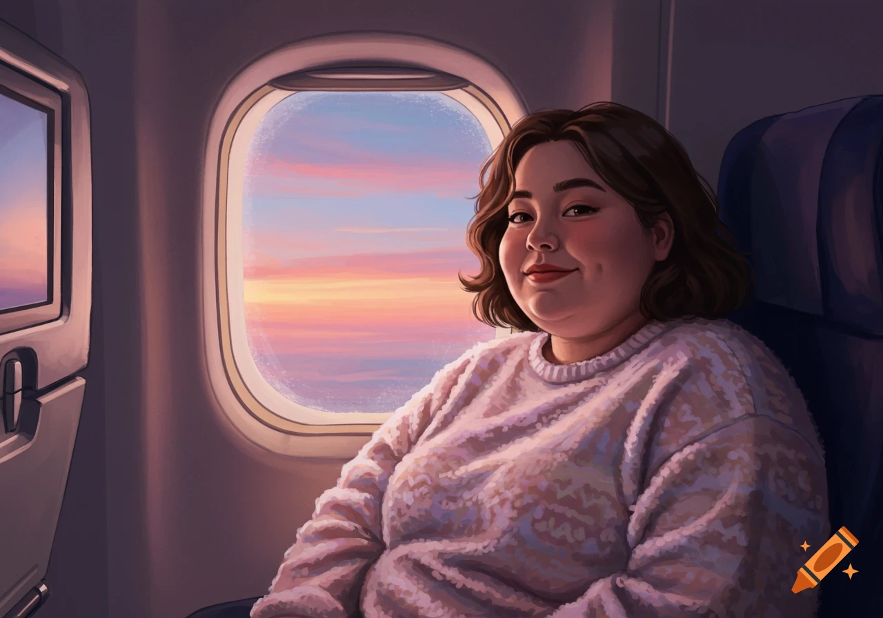 An illustrated woman with dimples smiles while sitting by an airplane window, looking at a beautiful pink and orange sunset sky.
