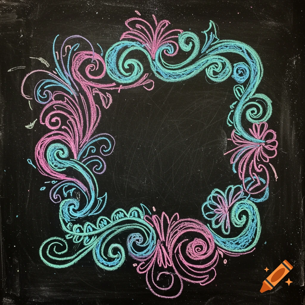 A vibrant pink and teal chalk drawing forming a decorative, swirling frame on a black chalkboard.