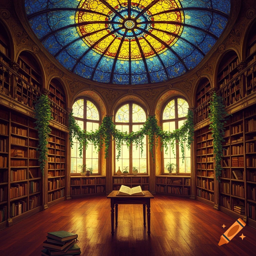 A grand, ornate library with a vibrant yellow and blue stained-glass dome ceiling, tall bookshelves, and arched windows adorned with green vines.