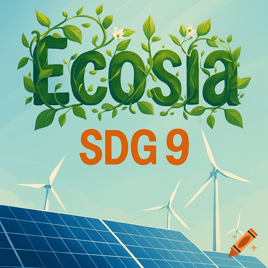 Illustrative logo for Ecosia with green leafy text and orange 'SDG 9' above solar panels and wind turbines under a blue sky.