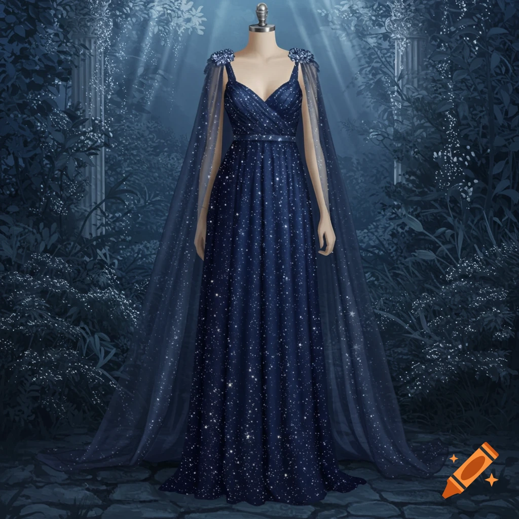 A sparkling dark blue gown with a sheer tulle cape on a mannequin, set ...
