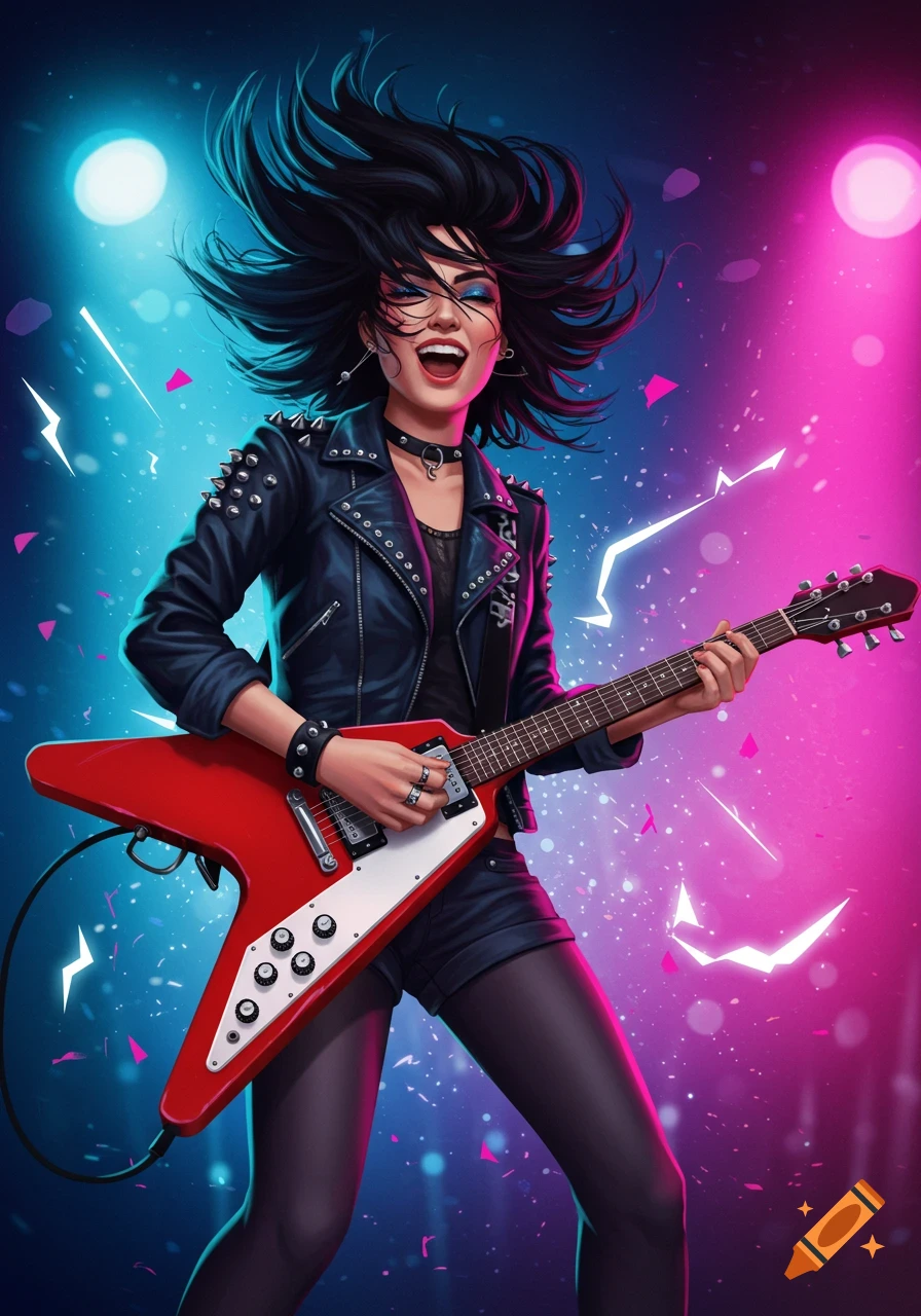 A vibrant illustration of a punk rock woman with wild hair playing a red V-shaped guitar on stage under neon lights.