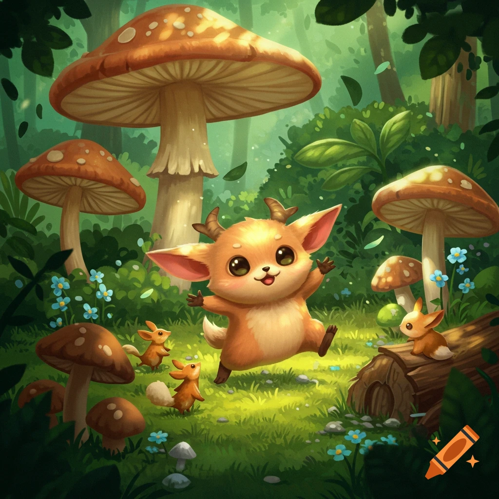 A cute, deer-like creature with small antlers jumping happily in a magical forest with large, spotted mushrooms and small blue flowers. Stylized illustration.