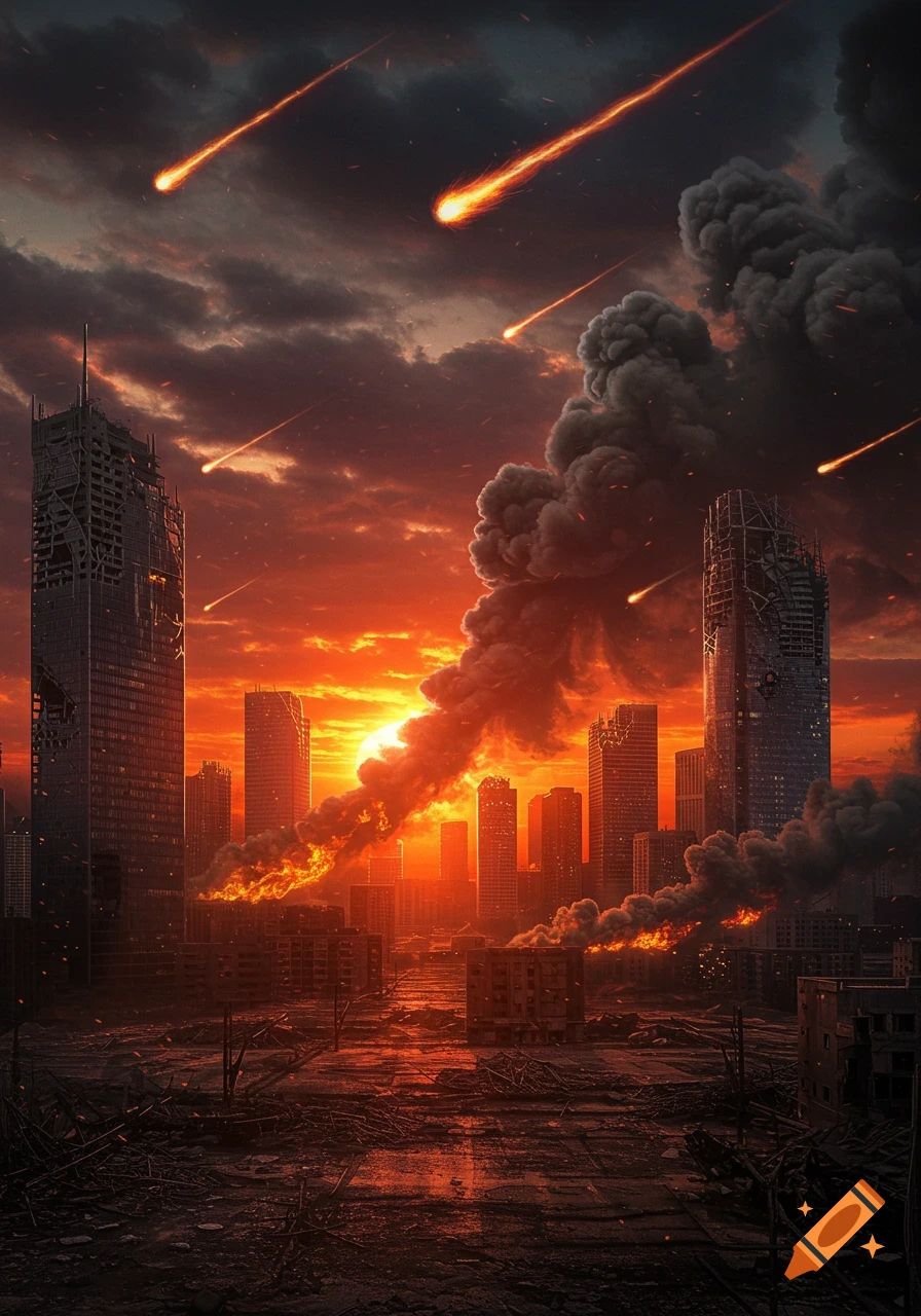 Apocalyptic cityscape at sunset with meteors falling, buildings on fire, and smoke rising under a fiery red and dark gray sky.