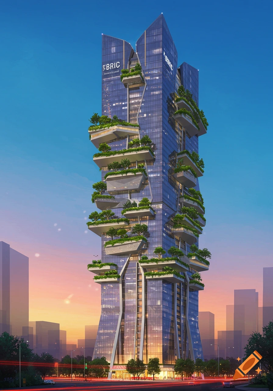 A tall, modern skyscraper with numerous green terraces against a clear sky, with a city skyline at sunset.
