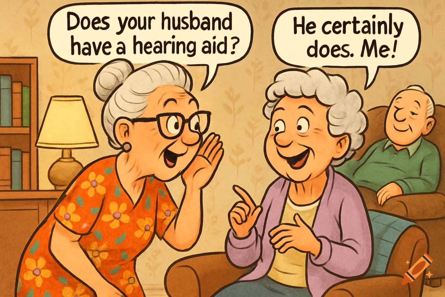Cartoon of two elderly women telling a joke, with an older man in the background. One asks 'Does your husband have a hearing aid?' and the other replies 'He certainly does. Me!'