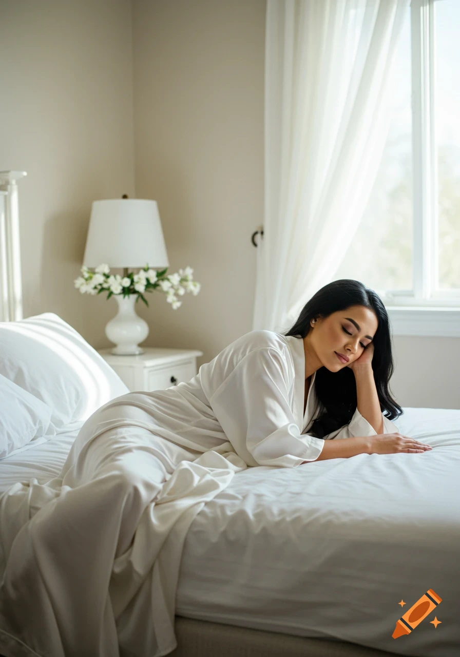 A beautiful woman with long dark hair, wearing a white silk robe, reclines gracefully on a white bed in a sunny bedroom.