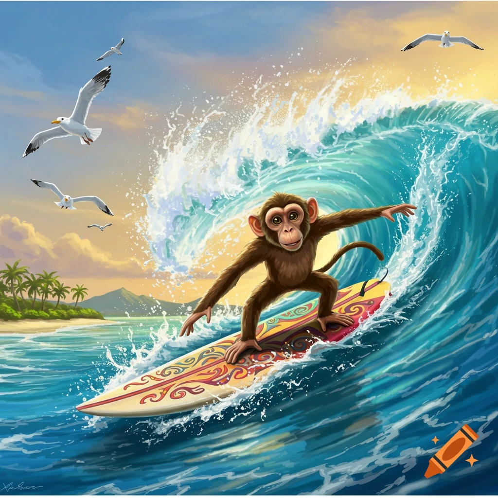 A cartoon monkey surfs a large wave on a decorated surfboard, with seagulls flying above a beach and palm trees in the background.