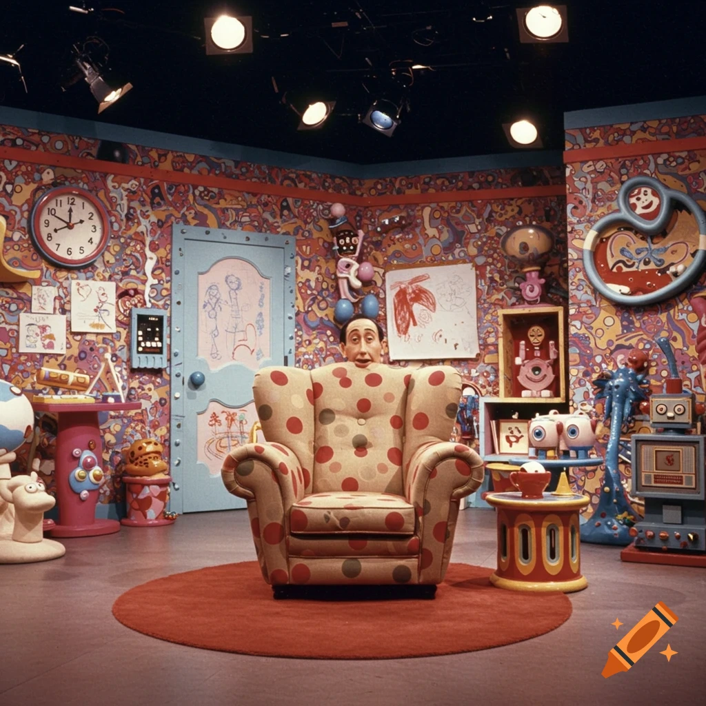 A colorful, whimsical room set from Pee-wee's Playhouse, with Pee-wee's head emerging from a polka-dotted armchair.