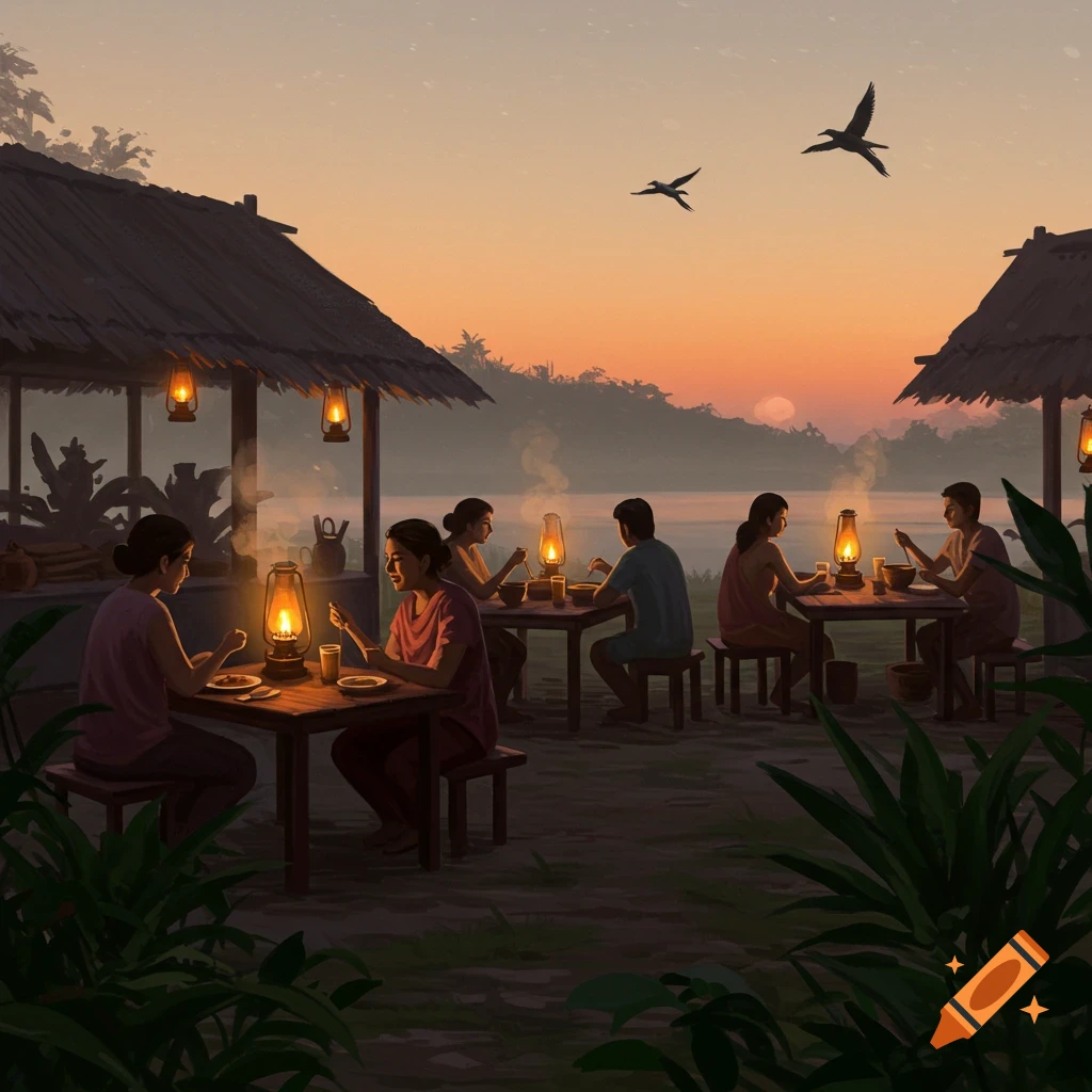 Illustration of people eating around lantern-lit tables at dusk in a rural setting with huts and water in the background.