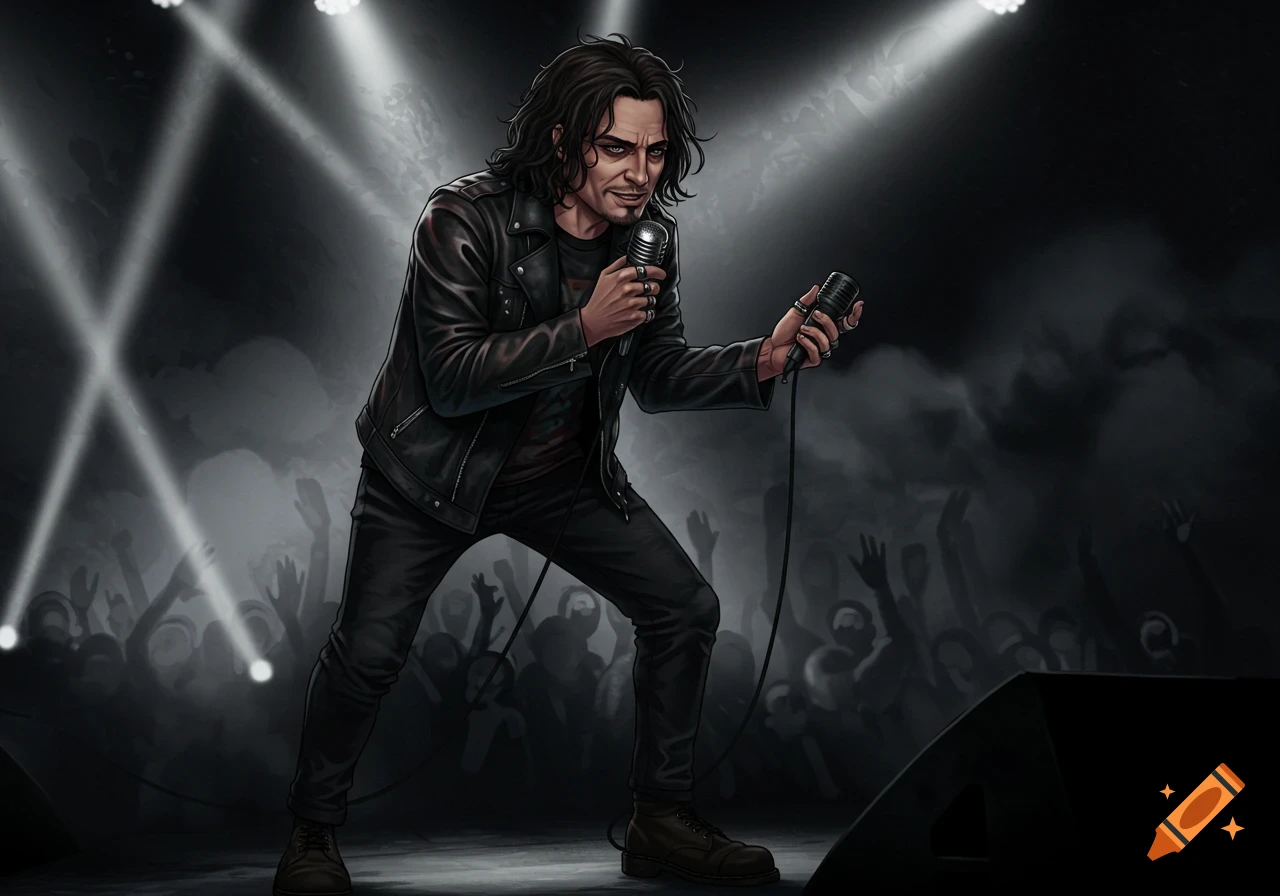 Digital illustration of a male rock singer with long dark hair, leather jacket, holding two microphones on stage under spotlights with a blurry crowd.