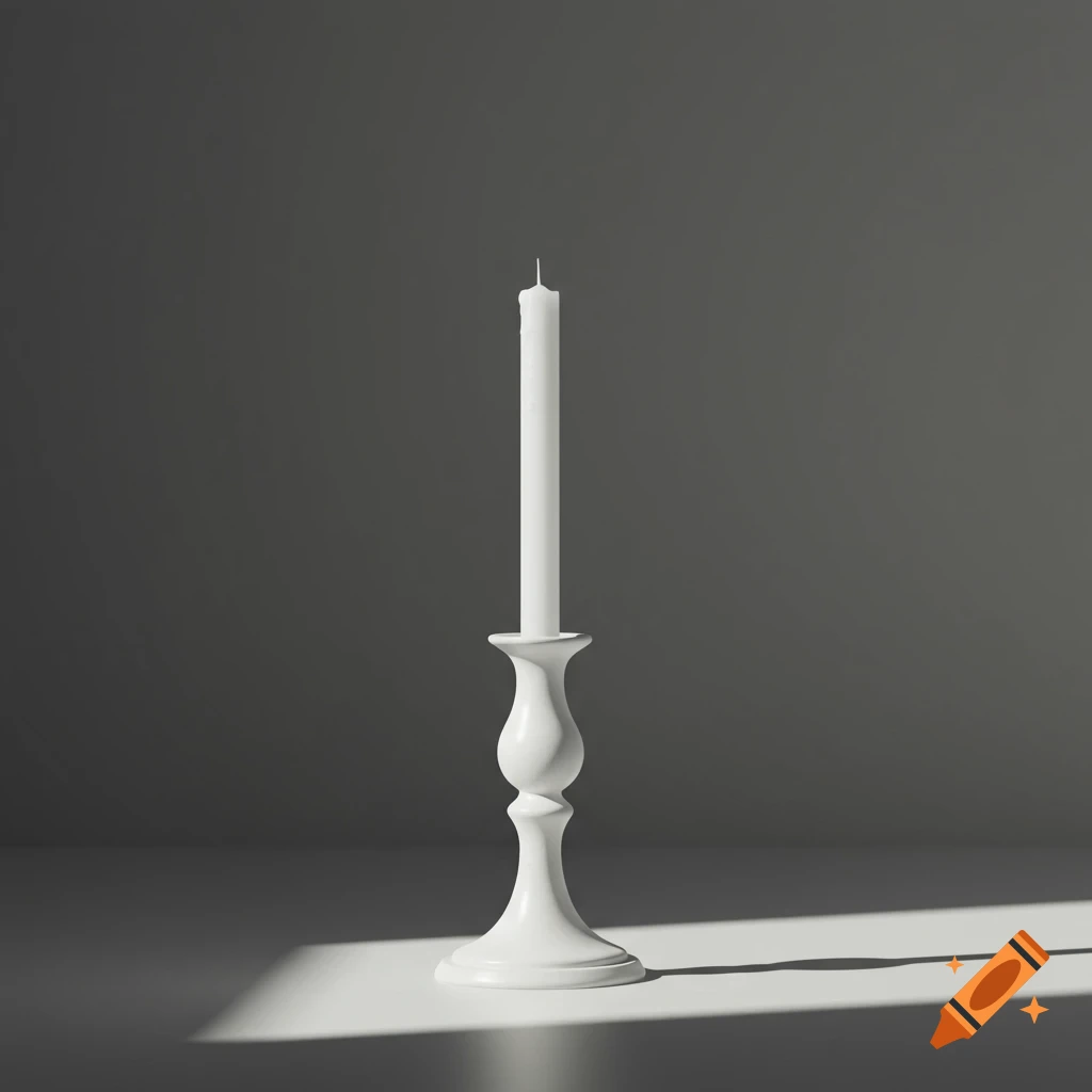 A tall white candle in a white candlestick on a white surface with strong shadows, against a gray background, in a minimalist style.