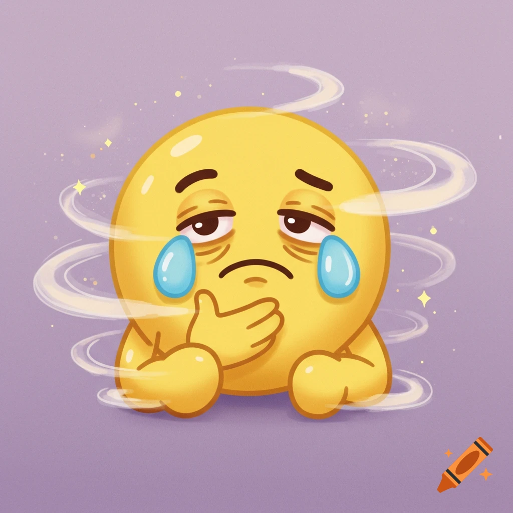 Yellow tired emoji with tears, clutching its throat, surrounded by swirling lines on a purple background.