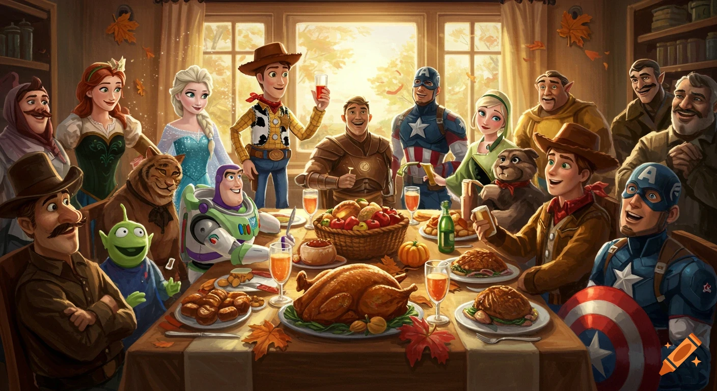 Animated Disney and Marvel characters share a festive Thanksgiving dinner around a table laden with food, smiling and laughing.