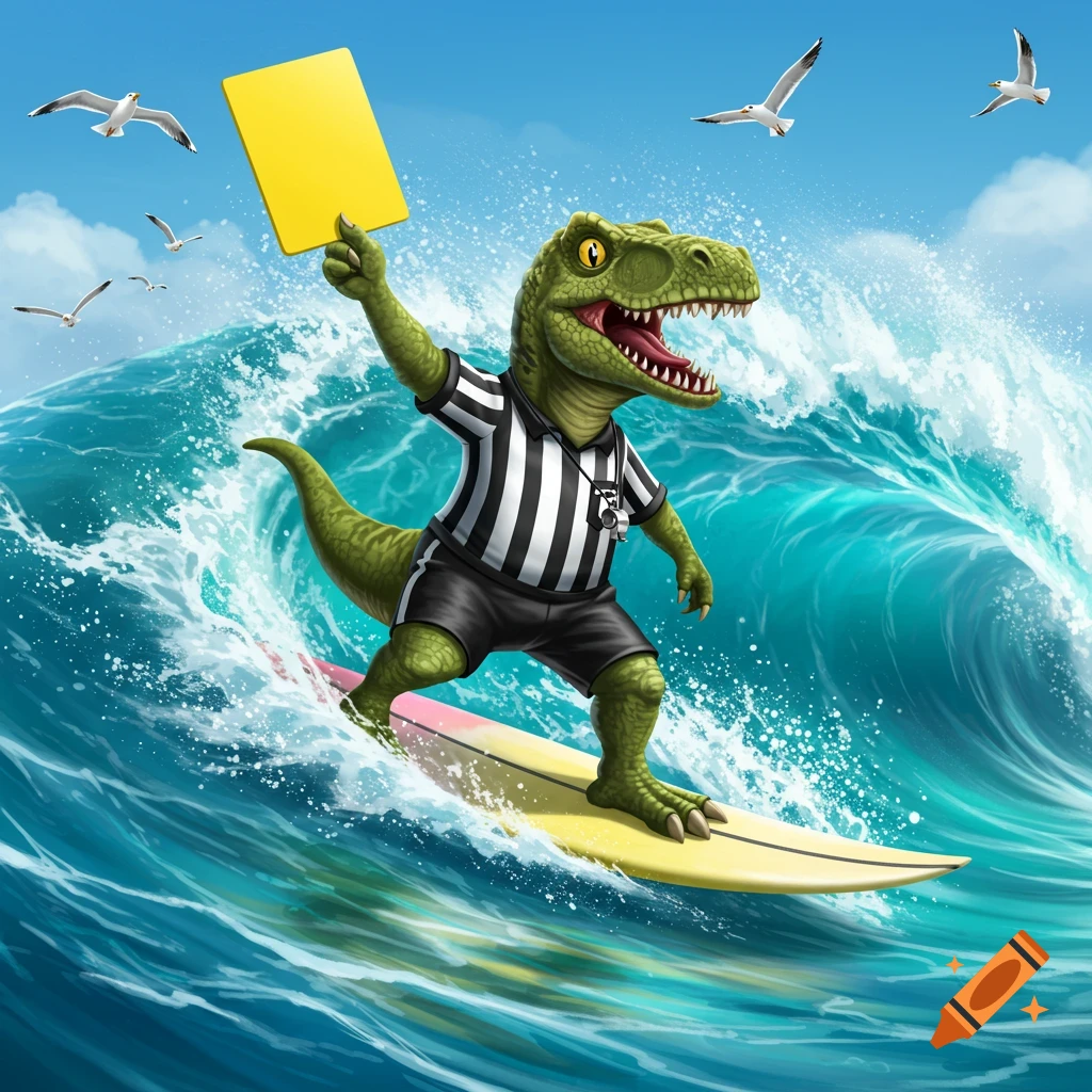 A cartoon dinosaur dressed as a referee surfs on a large ocean wave, holding a yellow card in its raised hand, with seagulls flying in the blue sky.