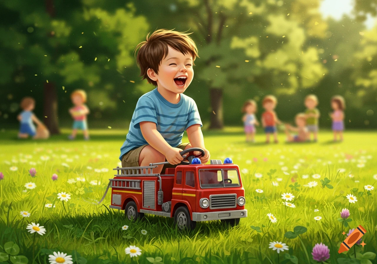 A happy young boy laughs while riding a red toy fire truck in a sunny, green field with daisies and other children in the background.