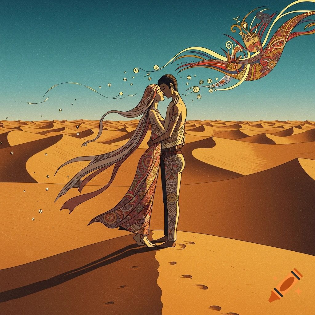 Stylized illustration of a couple kissing in a desert, with an abstract, colorful, bird-like entity floating in the blue sky.