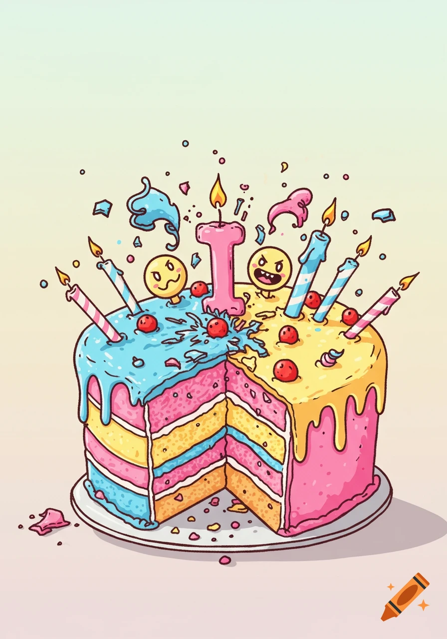 Vibrant cartoon illustration of an exploded birthday cake with pink, blue, and yellow layers, candles, and a prominent number '1' candle.