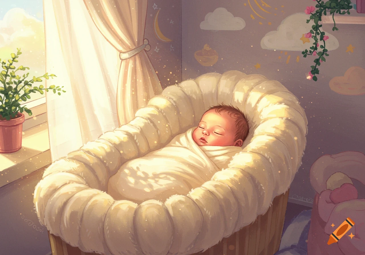 A sleeping newborn baby wrapped in a white blanket, nestled in a cozy bassinet, bathed in warm sunlight from a window, in a dreamy illustration.