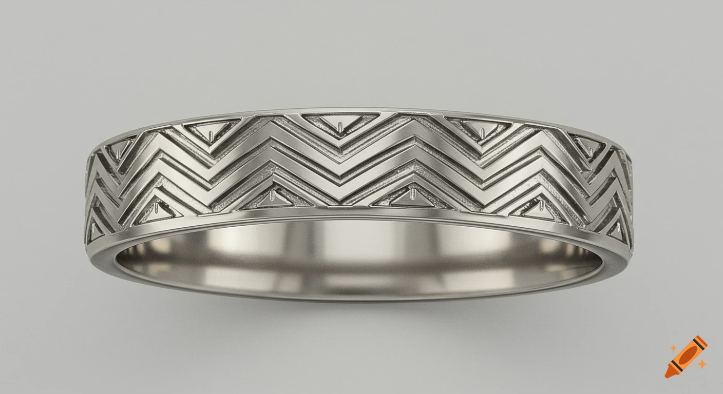 A silver wedding band with a deeply engraved geometric zigzag and triangle pattern, reminiscent of Art Deco.