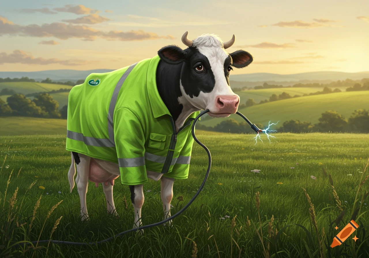 A black and white cow in a green high-visibility jacket holds a sparking electrical cable in its mouth in a sunny green field.