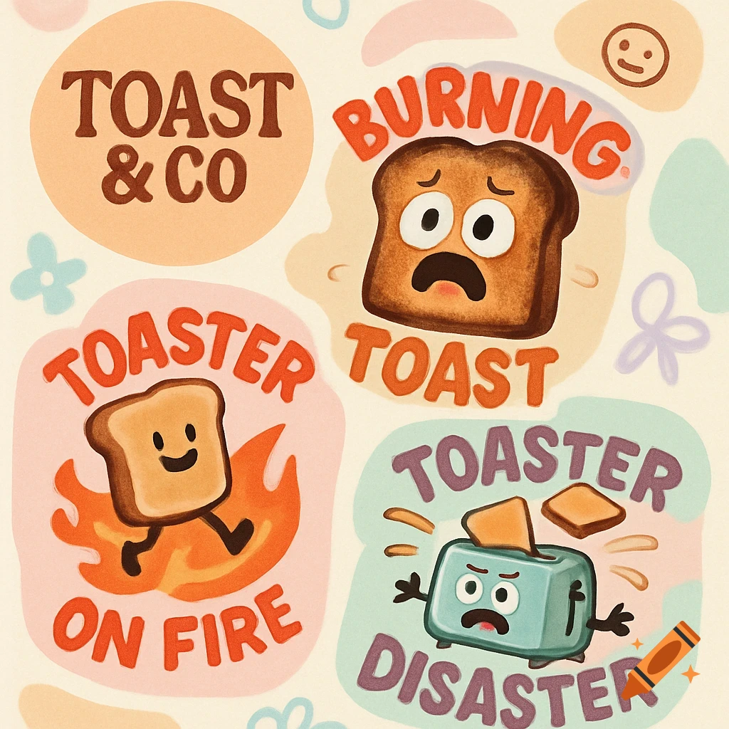 Toaster Text A whimsical cartoon mood board featuring cute, expressive toast and ...