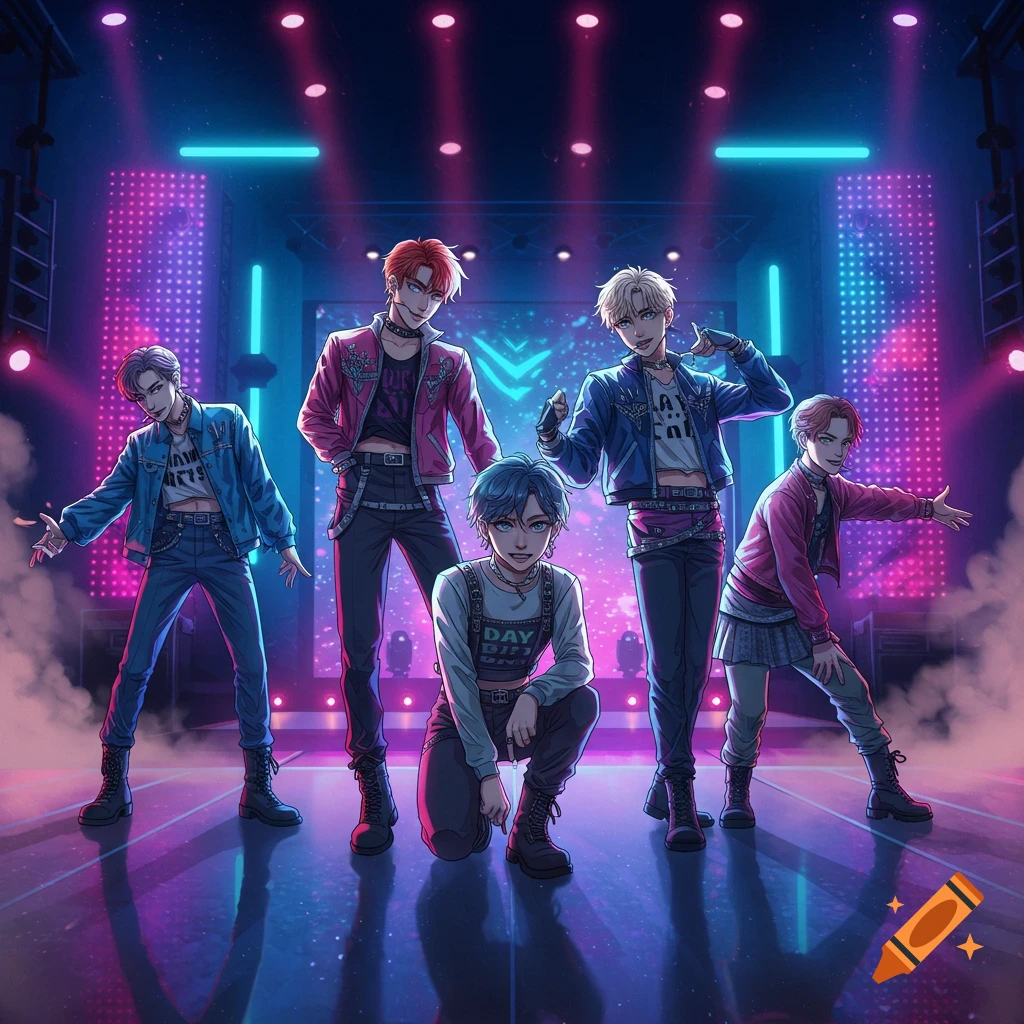 Five anime-style male K-pop band members in colorful outfits posing on a dark stage lit by neon pink and blue lights.