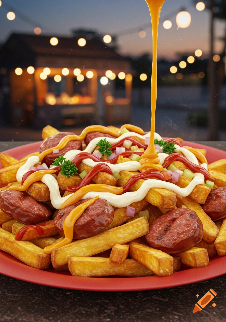 A close-up of salchipapa: fries loaded with sliced sausages, ketchup, mayonnaise, chopped vegetables, and cheese sauce pouring from above.