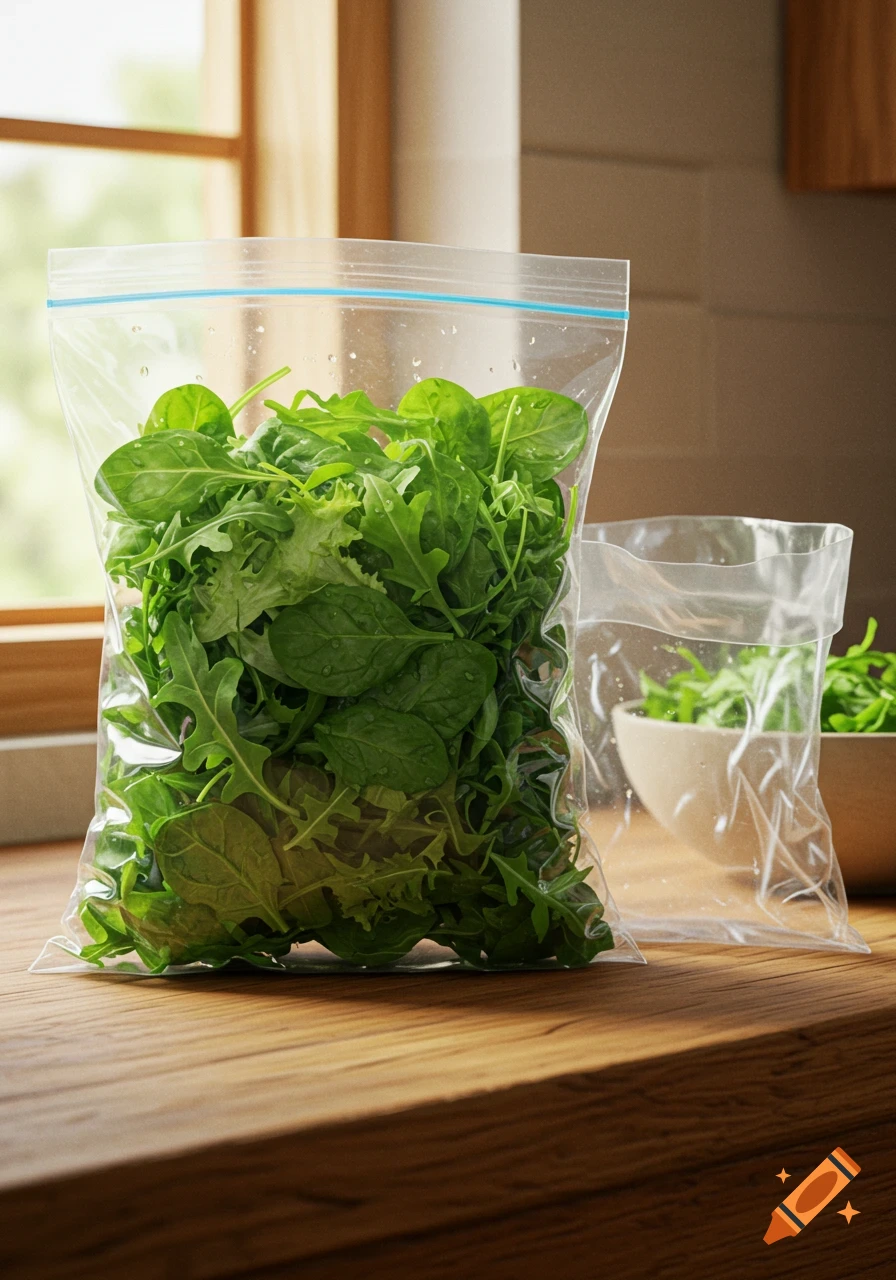 A clear plastic zip-lock bag filled with fresh green salad leaves, including arugula and spinach, on a wooden kitchen counter next to an empty bag.