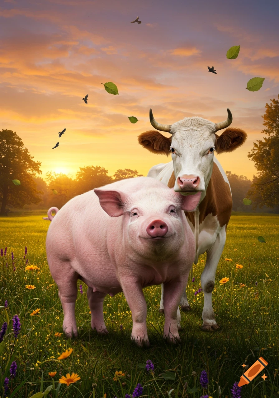 A photorealistic image of a pink pig smiling and a brown and white cow with its tongue slightly out, standing in a flower-filled green field at sunset. Leaves and birds are in the sky.