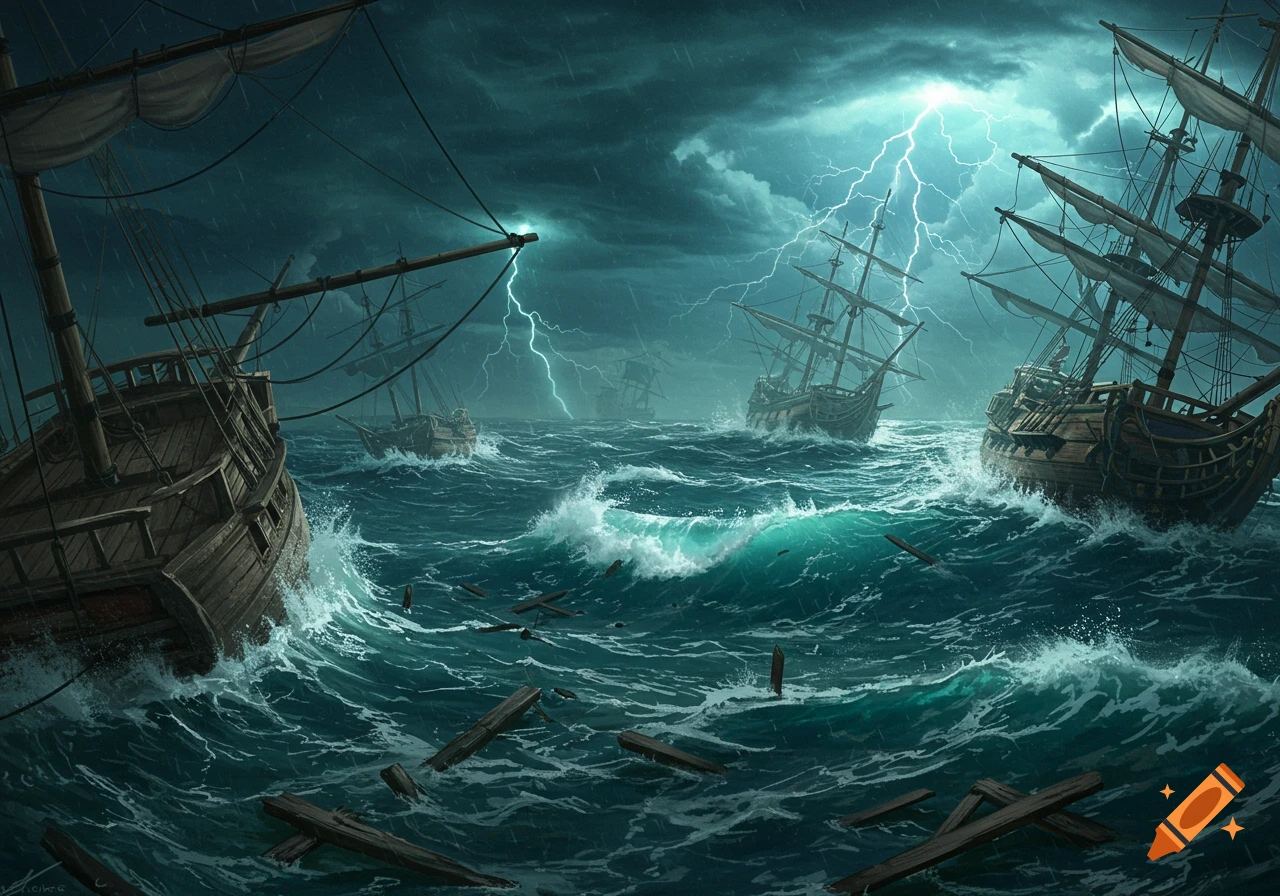 Several old wooden sailing ships battle a violent storm on a dark, turbulent sea with lightning striking the stormy sky, debris in the water.