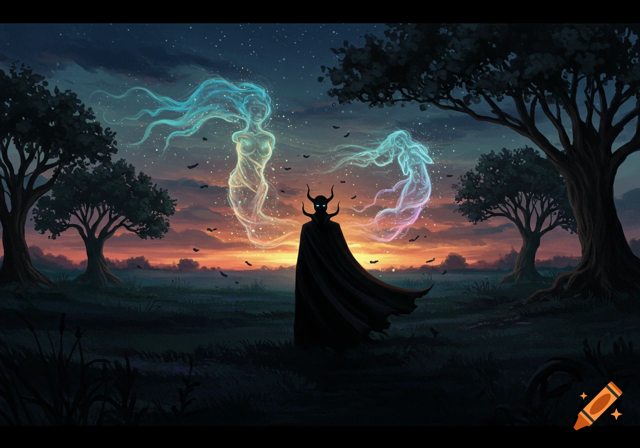 A dark, horned figure in a cloak stands between two glowing ethereal female spirits in a sunset landscape with trees.