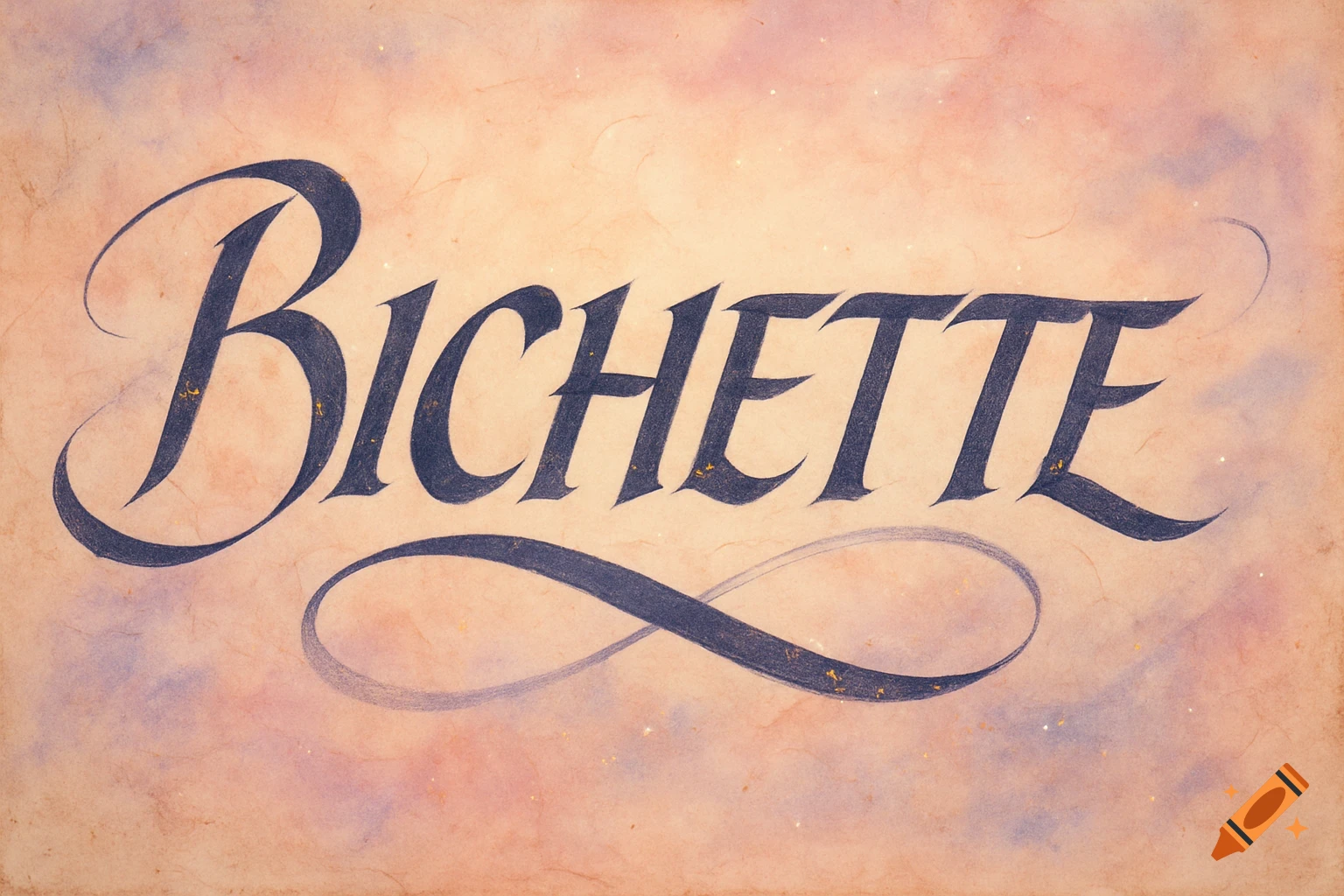 Elegant dark blue calligraphic script spelling 'BICHETTE' on a textured, light watercolor background with gold flecks.