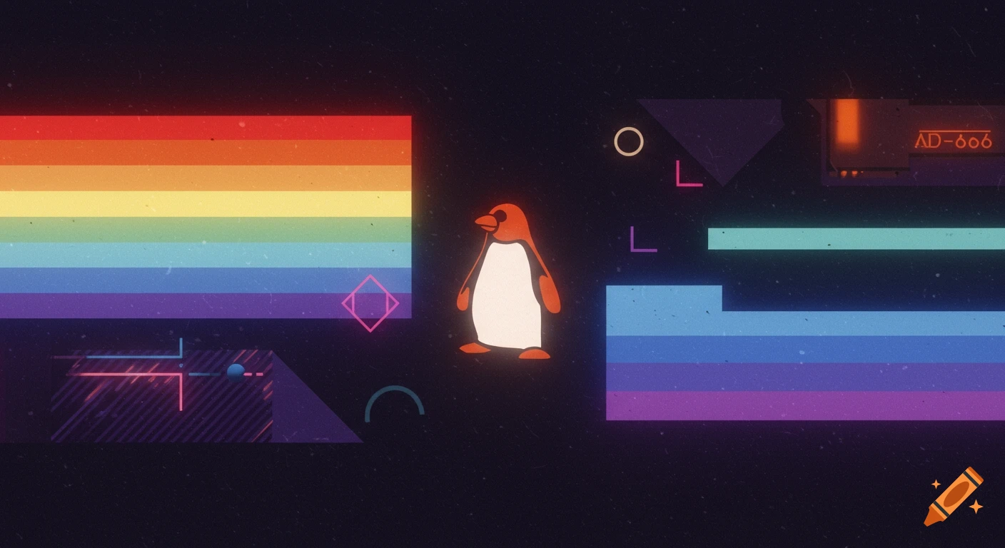 A retro-style graphic features an orange and white penguin standing between a rainbow colored rectangle and various geometric shapes on a dark, starry background, with "AD-666" text in the top right.