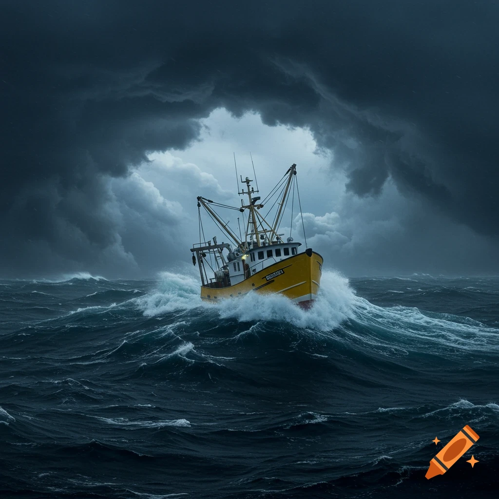 Photorealistic image of a yellow fishing trawler battling rough, dark blue seas under a menacing, cloudy storm sky.