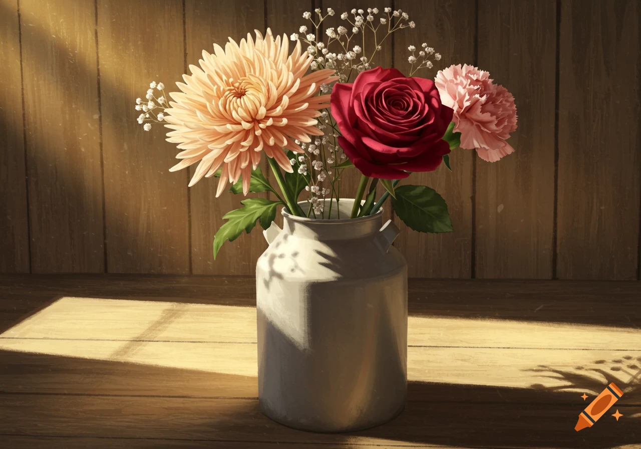 A vibrant digital painting of a bouquet with a peach chrysanthemum, red rose, and pink carnation in a white milk can vase, bathed in sunlight on a wooden surface.