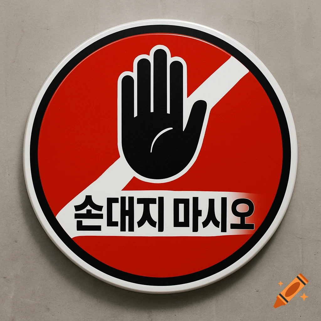 A red circular prohibition sign with a black hand and Korean text "Do not touch" against a grey wall.