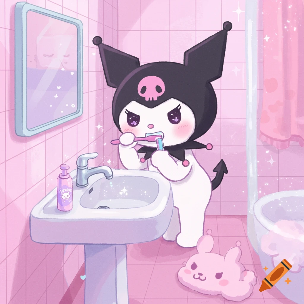 Kuromi, a black and white cartoon character, brushes her teeth at a sink in a pink tiled bathroom, with a pink bunny plushie on the floor.