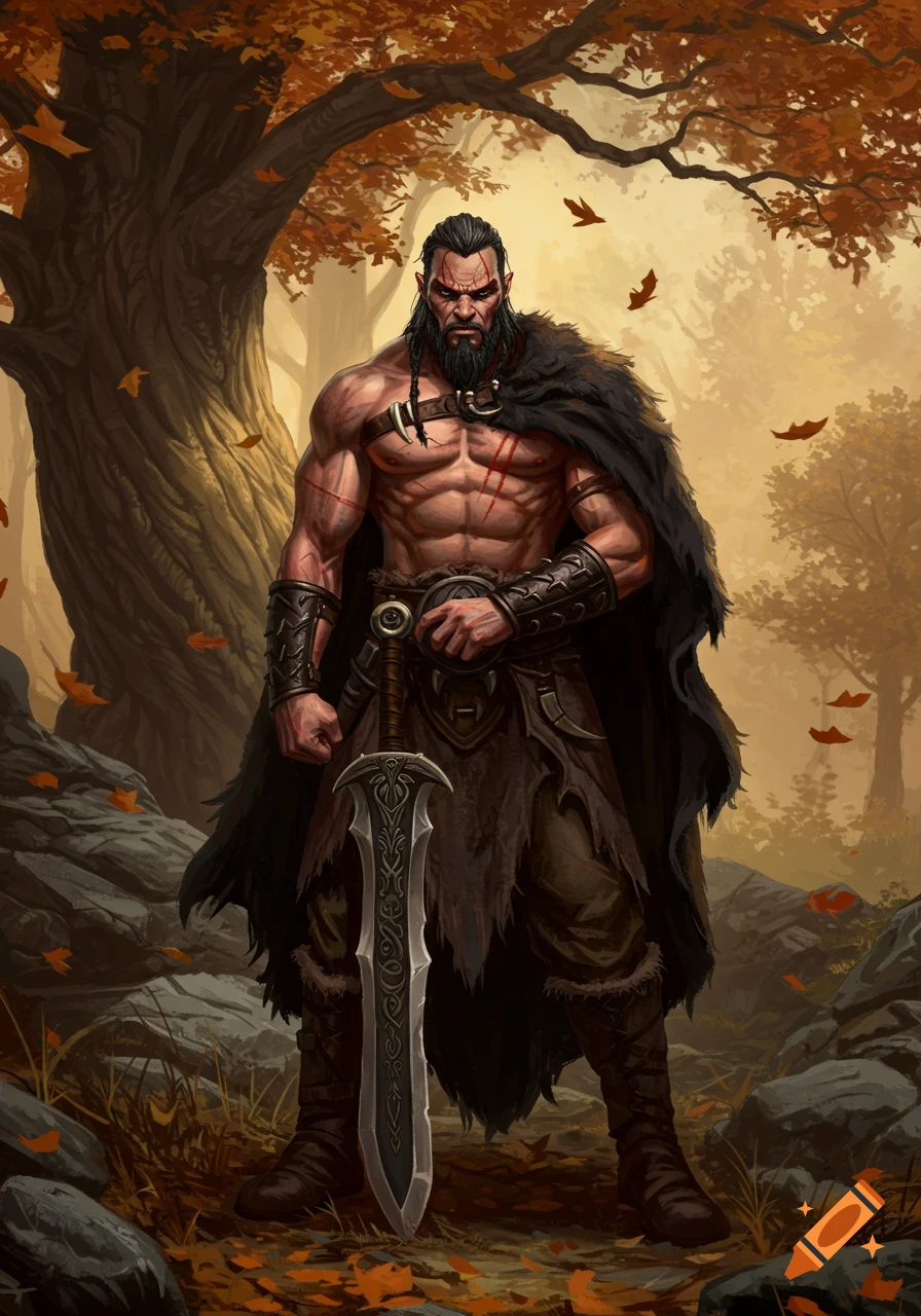 A muscular barbarian with a scarred chest and dark beard holds a sword, wearing a fur cloak in an autumn forest.