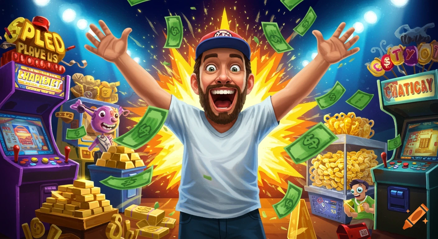 A cartoon of an excited man with arms raised, surrounded by falling money, gold, and arcade machines in a vibrant game show setting.