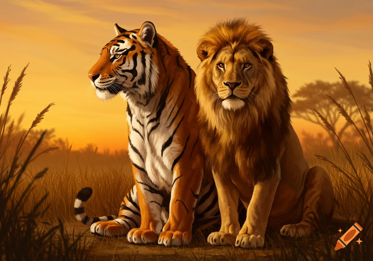 A realistic digital painting of a tiger and a lion sitting side-by-side in a grassy savannah at sunset.