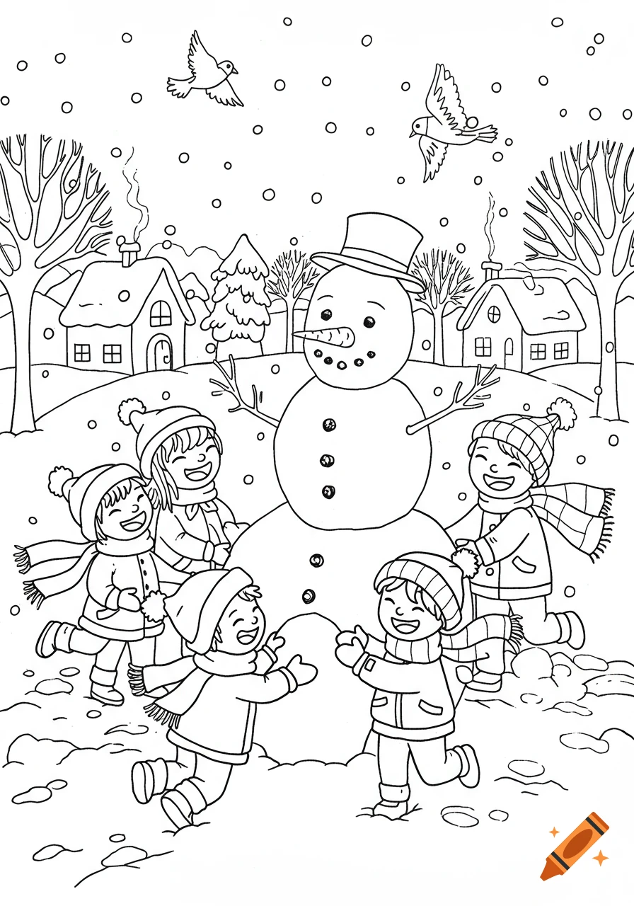 A black and white line drawing of happy children building a snowman in a snowy winter village scene.