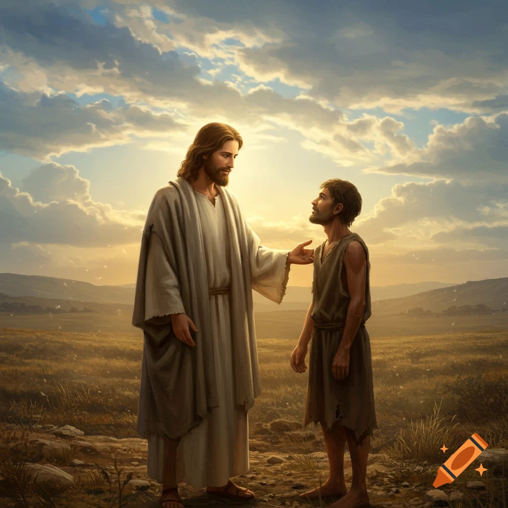Jesus, in white robes, places a hand on a disheveled man's shoulder in a barren landscape under a dramatic sunset sky.
