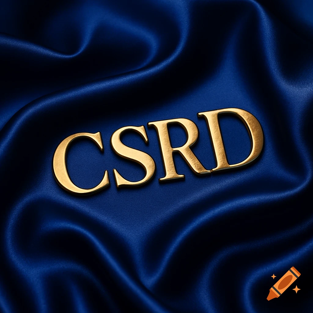 Golden 3D letters spelling 'CSRD' on a luxurious, wavy dark blue satin fabric.